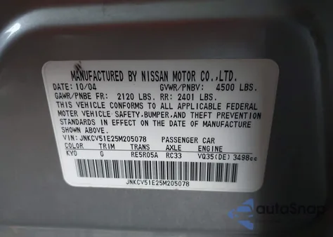 2005 Infiniti G35 z USA, uszkodzony, nr VIN JNKCV51E25M205078